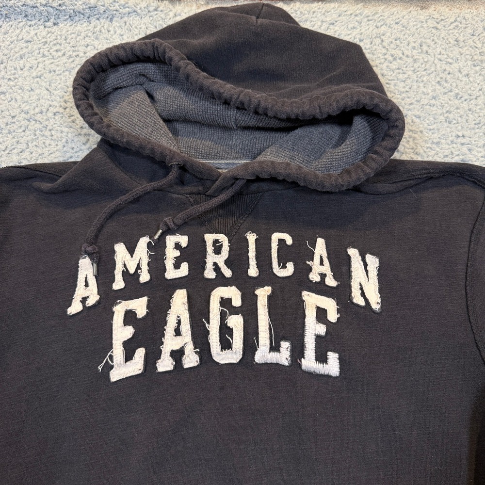 American Eagle Hoodie Mens 3XL Faded Black Applique Logo Cotton Blend Y2K - Picture 2 of 10